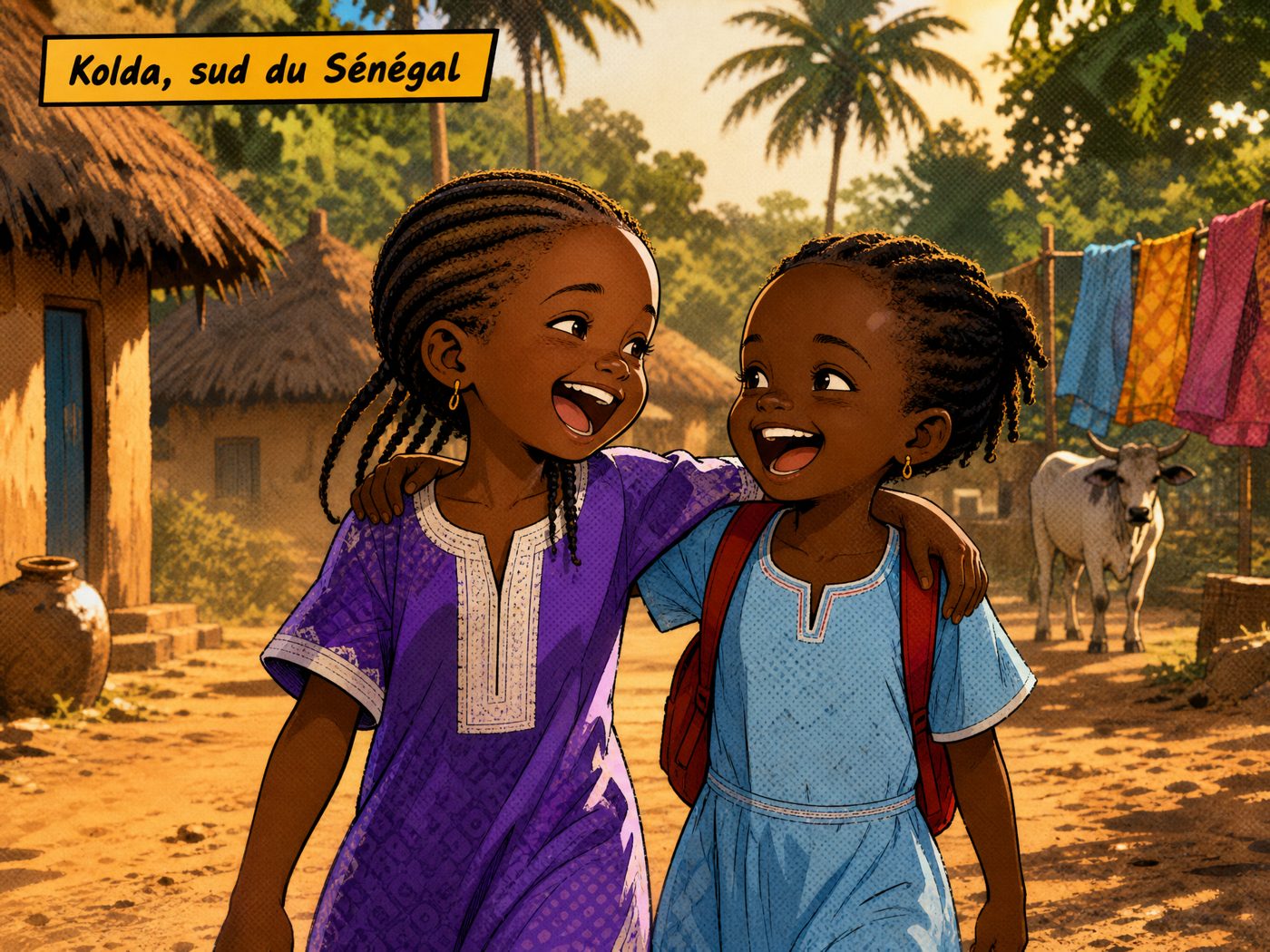 Dieynaba et Mariama enfants, riant dans un village de Kolda, style BD animée