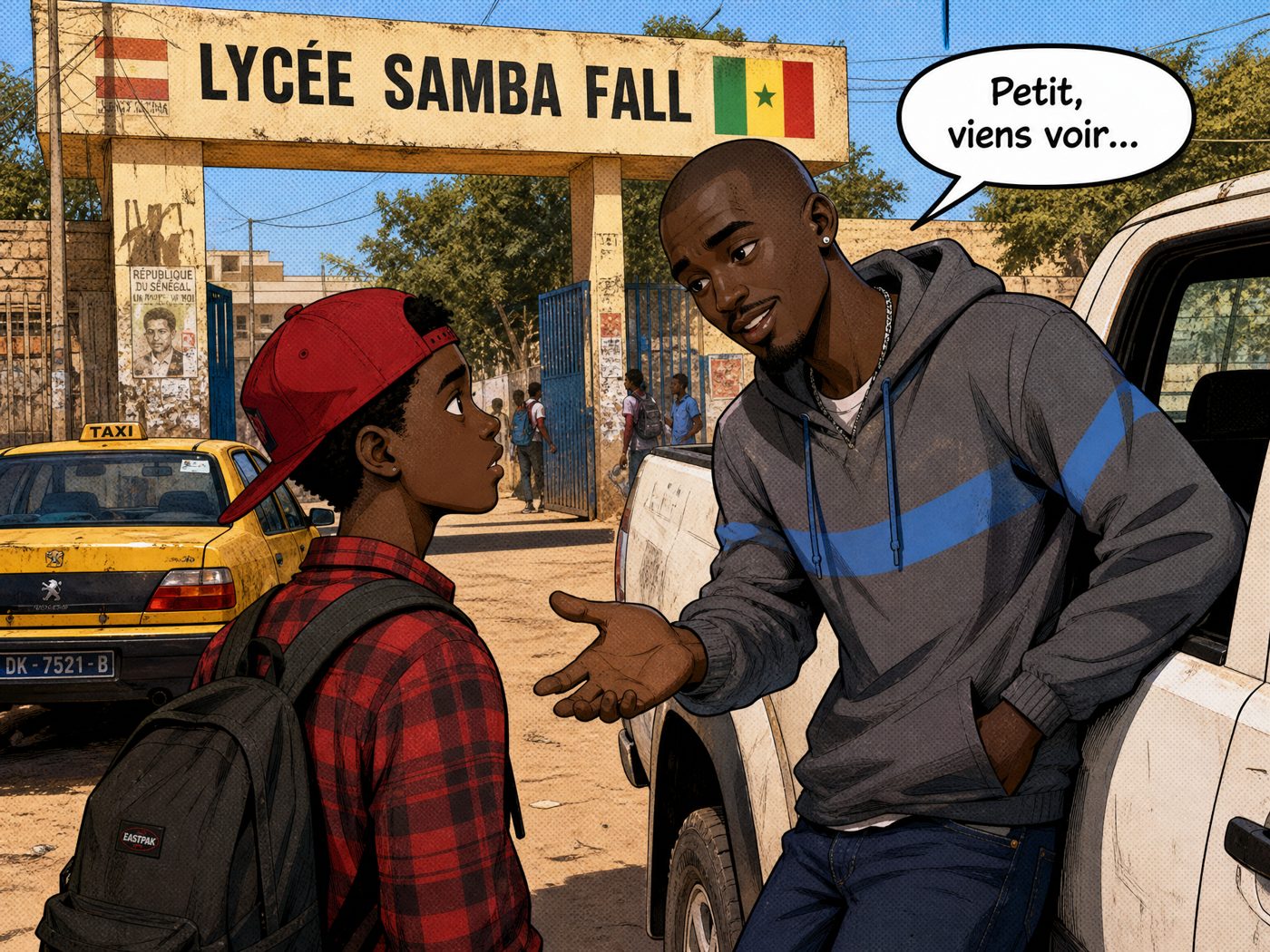 Ouz et Mike devant le Lycée Samba Fall